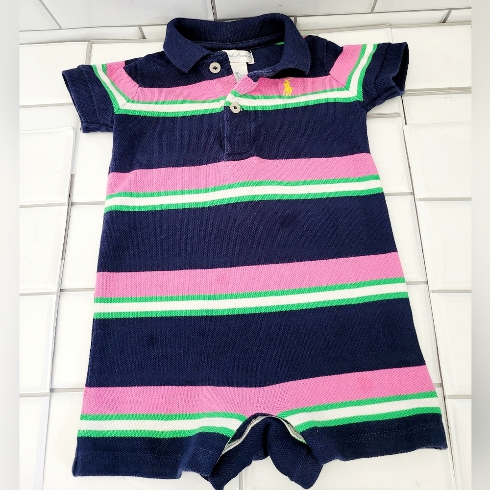 RALPH LAUREN Infant Short Sleeve Striped Romper 100% Cotton Navy Polo StyleColo